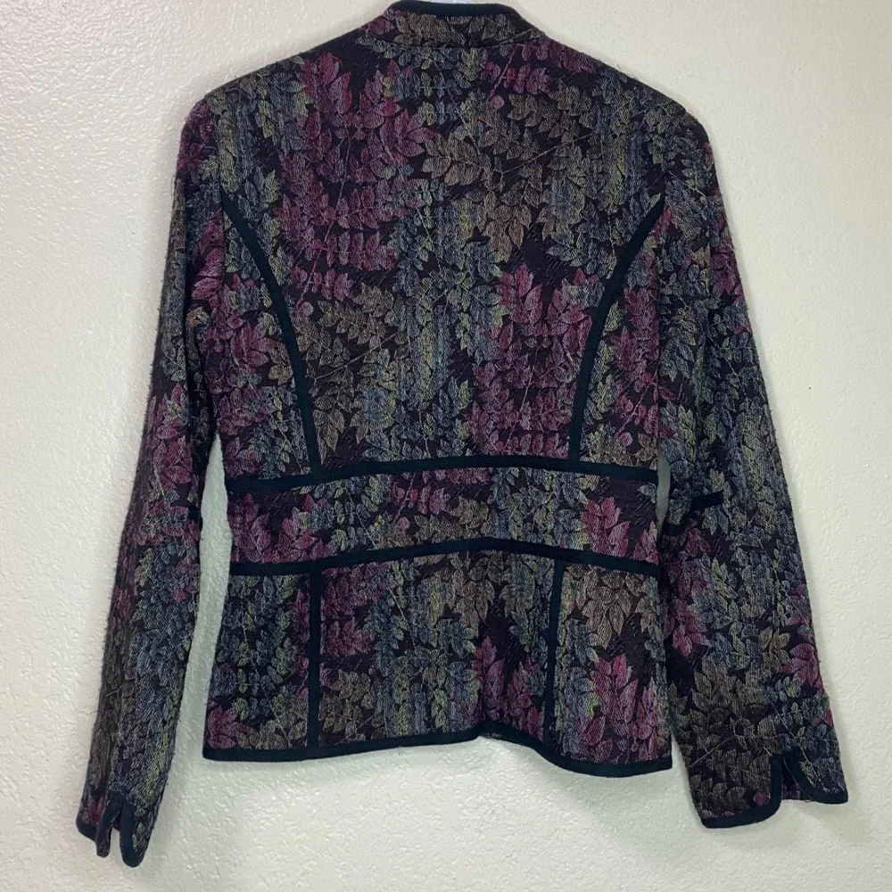 Vtg Multiples Tapestry Jacket Floral Leaf Mandarin Collar Brass Buttons Size XS